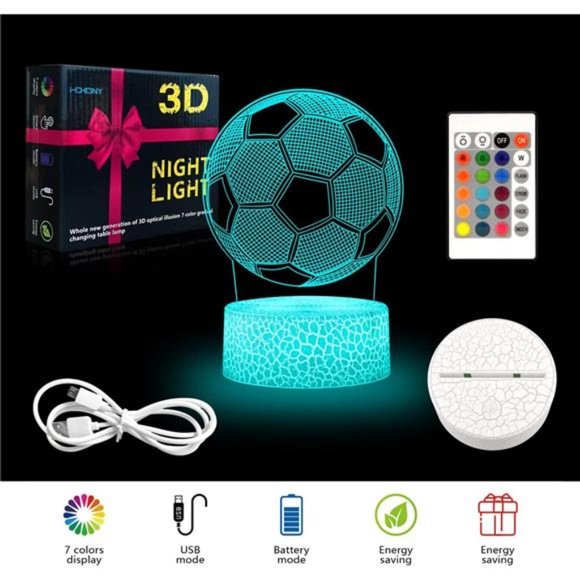 Soccer Gifts 3D Night Light for Kids,Soccer 3D Illusion Lamp 16 Colors Dimmable - Picture 4 of 6